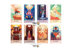 A set of eight illustrated tarot cards arranged in a 2x4 grid on a white background, with the Dragon Tarot logo at the bottom center. The cards depict classic tarot imagery including The Fool, The Empress, The Emperor, The Hierophant, The Lovers, The Chariot, The High Priestess, and The High Priest.