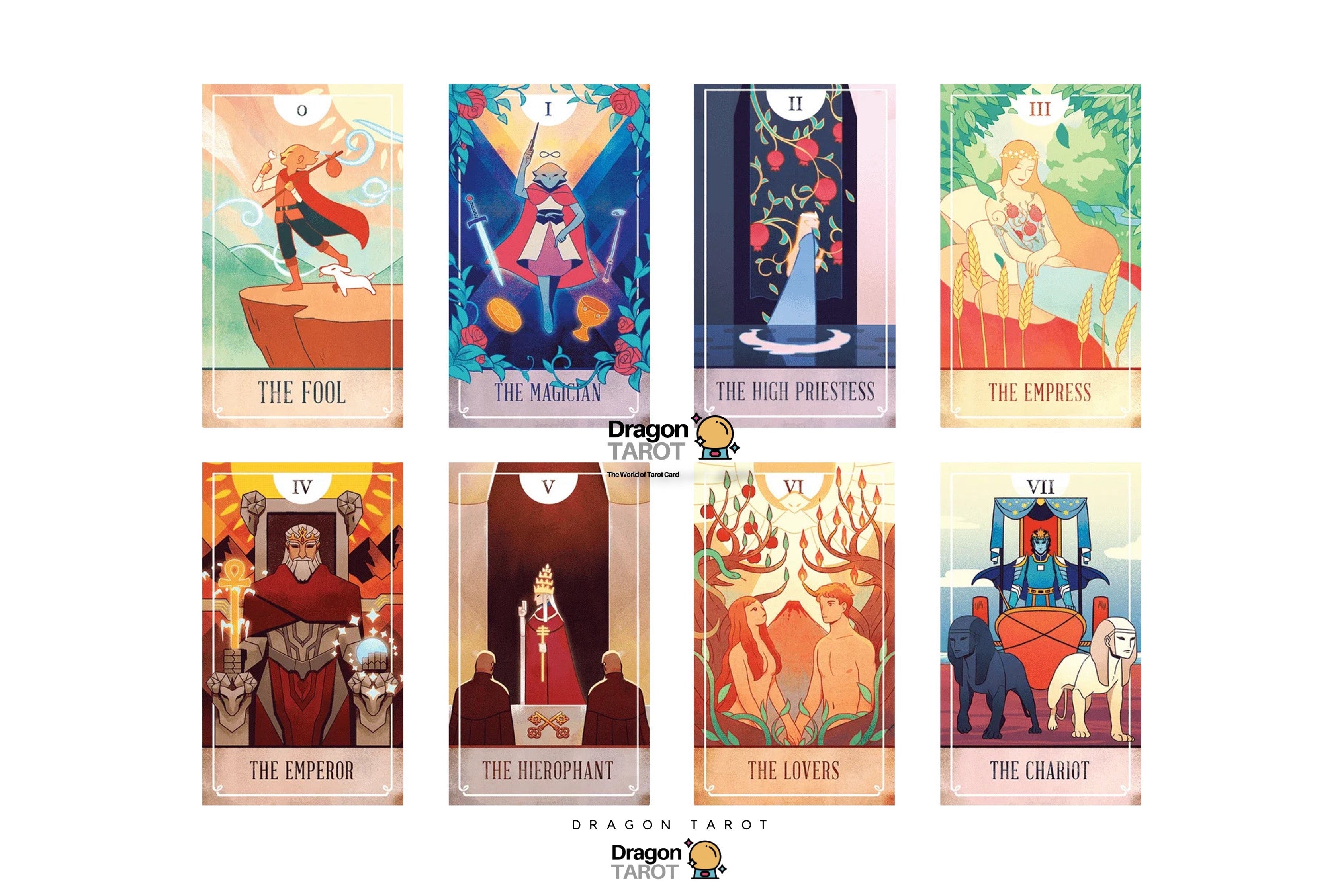 A set of eight illustrated tarot cards arranged in a 2x4 grid on a white background, with the Dragon Tarot logo at the bottom center. The cards depict classic tarot imagery including The Fool, The Empress, The Emperor, The Hierophant, The Lovers, The Chariot, The High Priestess, and The High Priest.