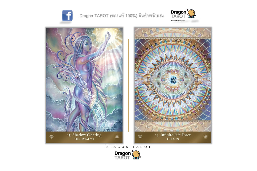 Two Dragon Tarot card illustrations shown side by side on a white background, with Dragon Tarot branding and social media icons above and below. The left card depicts a fantasy female figure in pastel purple, blue, and pink tones, and the right card shows a detailed circular mandala design in gold, blue, and white.