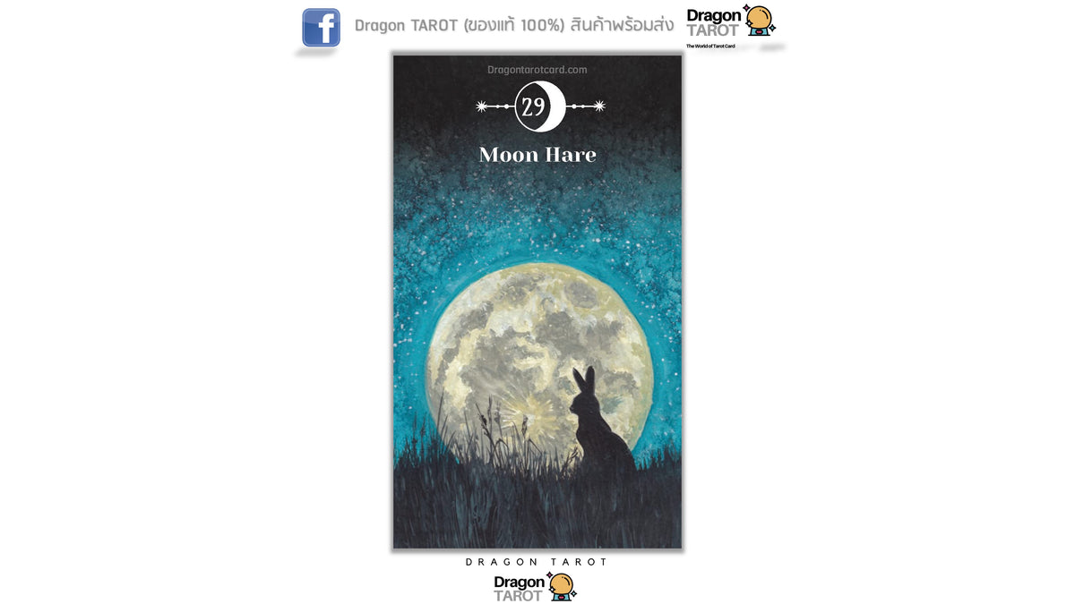 Dragon Tarot card 'Moon Hare' (29) featuring a full moon and a rabbit silhouette against a starry night sky, shown on a white background with Dragon Tarot branding.