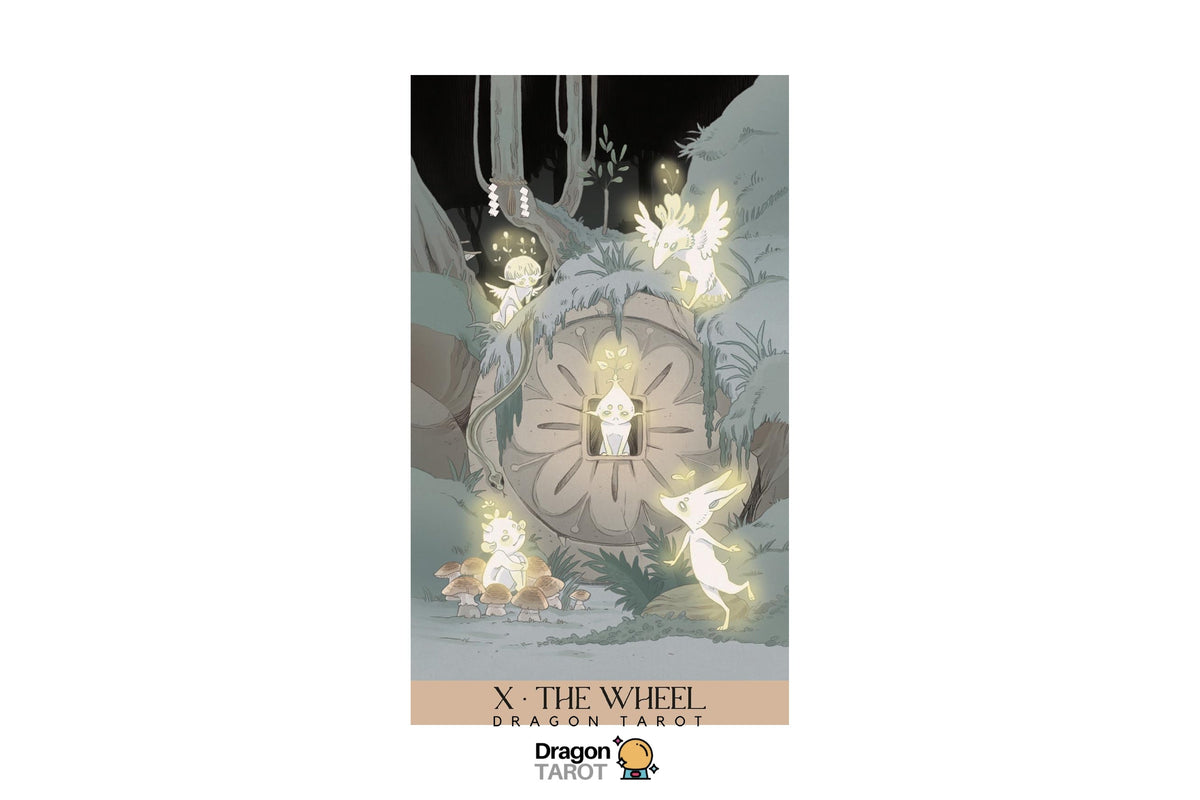 Dragon Tarot 'X - The Wheel' card featuring a mystical illustration of glowing fairies around a large wheel in a dark, atmospheric scene, with the Dragon Tarot logo at the bottom.