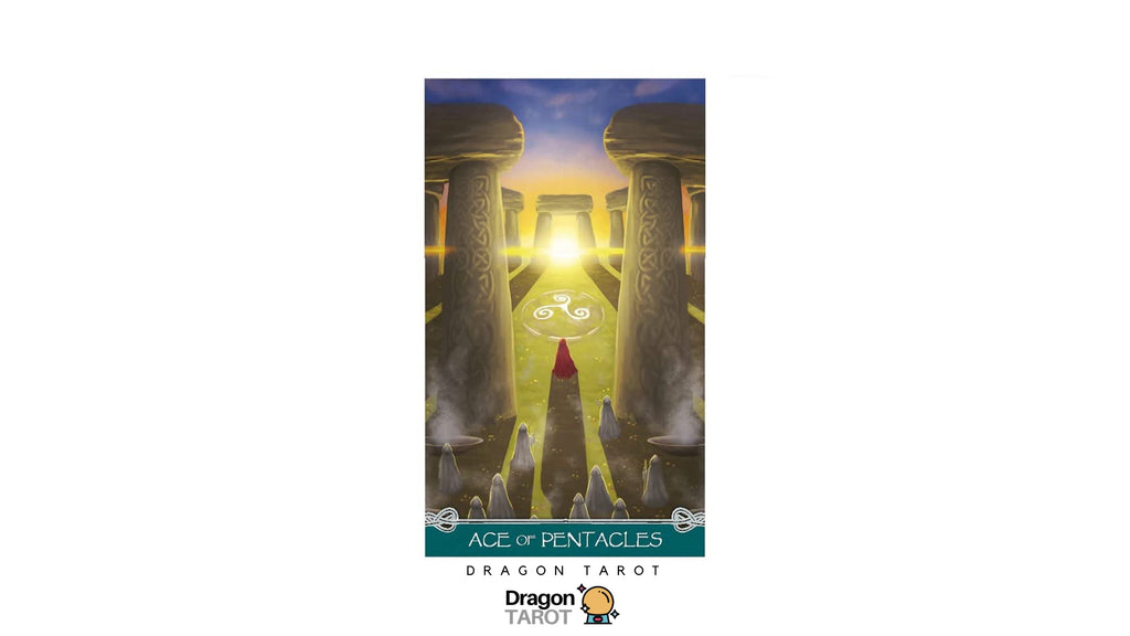 Ace of Pentacles card from the Dragon Tarot deck, featuring an illustration of a figure in a red cloak standing before a glowing golden doorway between two stone pillars, with the Dragon Tarot logo visible.