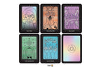 Six tarot-style oracle cards arranged in two rows on a white background, each with a black border and a pastel iridescent illustration. Cards shown include The Fool, The Creator, Balance, The Ancestor, Six of Cups, and a blank card.