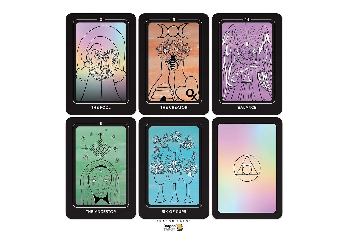 Six tarot-style oracle cards arranged in two rows on a white background, each with a black border and a pastel iridescent illustration. Cards shown include The Fool, The Creator, Balance, The Ancestor, Six of Cups, and a blank card.