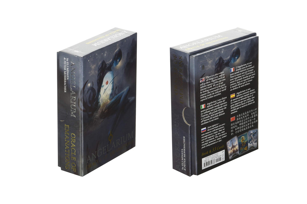 Dragon Tarot Oracle Card deck box shown from the front and back on a white background, featuring dark fantasy artwork of a winged figure and multiple text panels on the back.