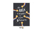 A vertical tarot card design with a dark gray starry background, white text reading 'My AURA is Magnetic To Golden Opportunities,' and several rainbow arcs with gold circular accents. Dragon Tarot branding appears at the top and bottom.