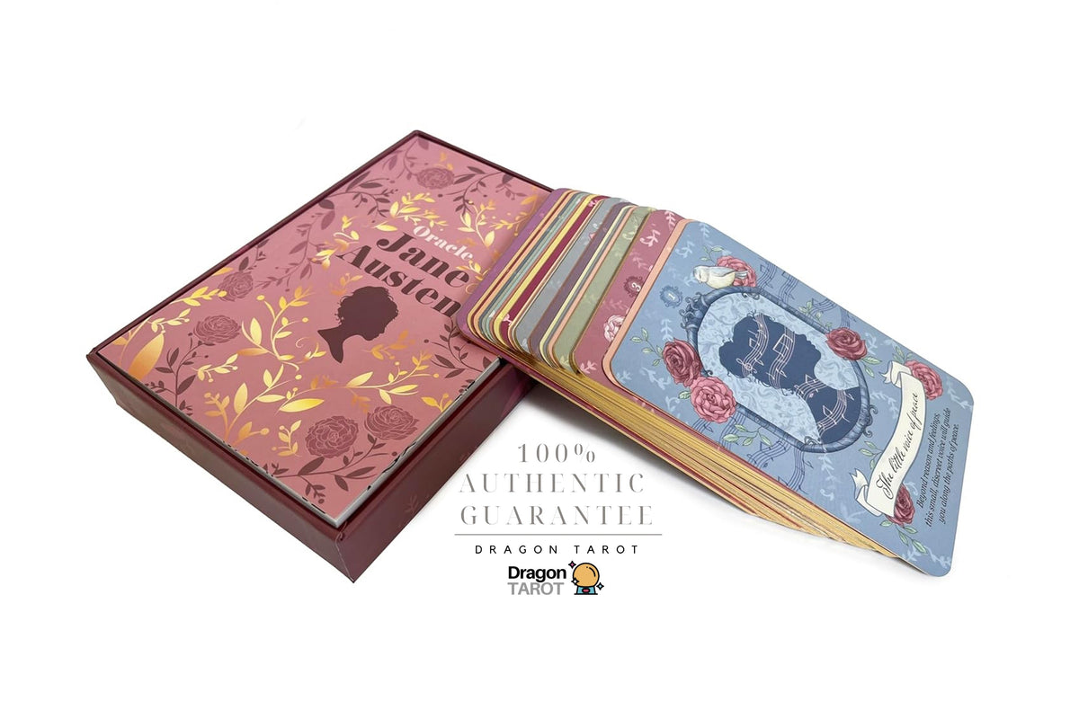 Dragon Tarot deck with its decorative box and a fan of illustrated cards on a white background, featuring Dragon Tarot branding and a Facebook icon at the top.