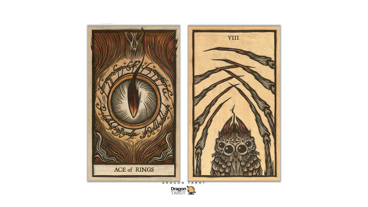 Two illustrated tarot card designs shown side by side on a white background: the left card reads 'ACE of RINGS' with a stylized eye motif and the right card shows an owl with the Roman numeral VIII. Brand text 'Dragon TAROT' appears at the top and bottom.
