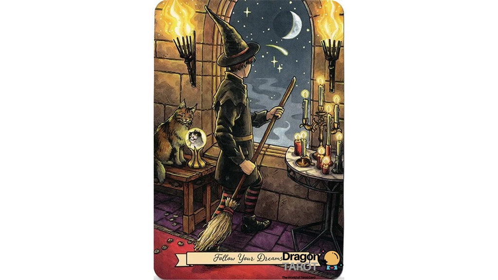 A rectangular tarot card featuring an illustrated witch in a pointed hat sweeping a table in a candlelit room, with a cat beside her, a moon and stars in the night sky, and the text 'Follow Your Dream' and 'Dragon Tarot' at the bottom.