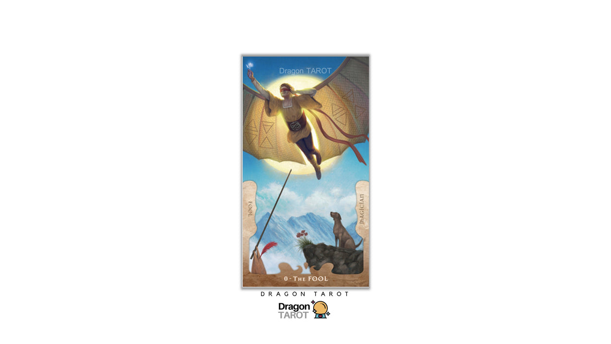 Dragon Tarot 'Dragon Tool' card centered on a white background, with the Dragon Tarot logo at the bottom. The card artwork shows a winged figure flying above a landscape with mountains and a figure standing on rocks.