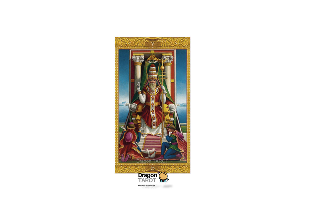 A vertical religious art print or poster showing a crowned figure in ornate robes seated on a throne, with kneeling figures at the bottom, framed by a decorative gold border. The print is centered on a light gray background, with a small Dragon Teach logo beneath it.