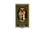 A tarot card titled 'Two of Cups' featuring an illustration of two figures on a crescent moon against a dark background, framed by an ornate green border. The card is centered on a plain white background.