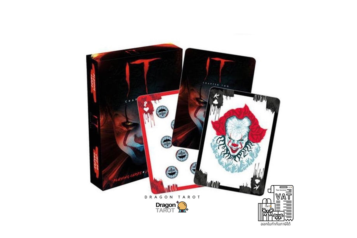 IT Pennywise playing card deck set by Dragon Tarot, featuring a black illustrated box, a red-backed card, and a black-bordered card with Pennywise's clown face on a white background.
