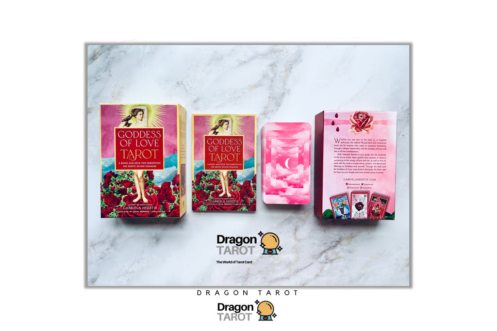 Three Dragon Tarot card decks and a pink card pack displayed on a white marble-patterned background, with Dragon Tarot branding and a Facebook icon visible.