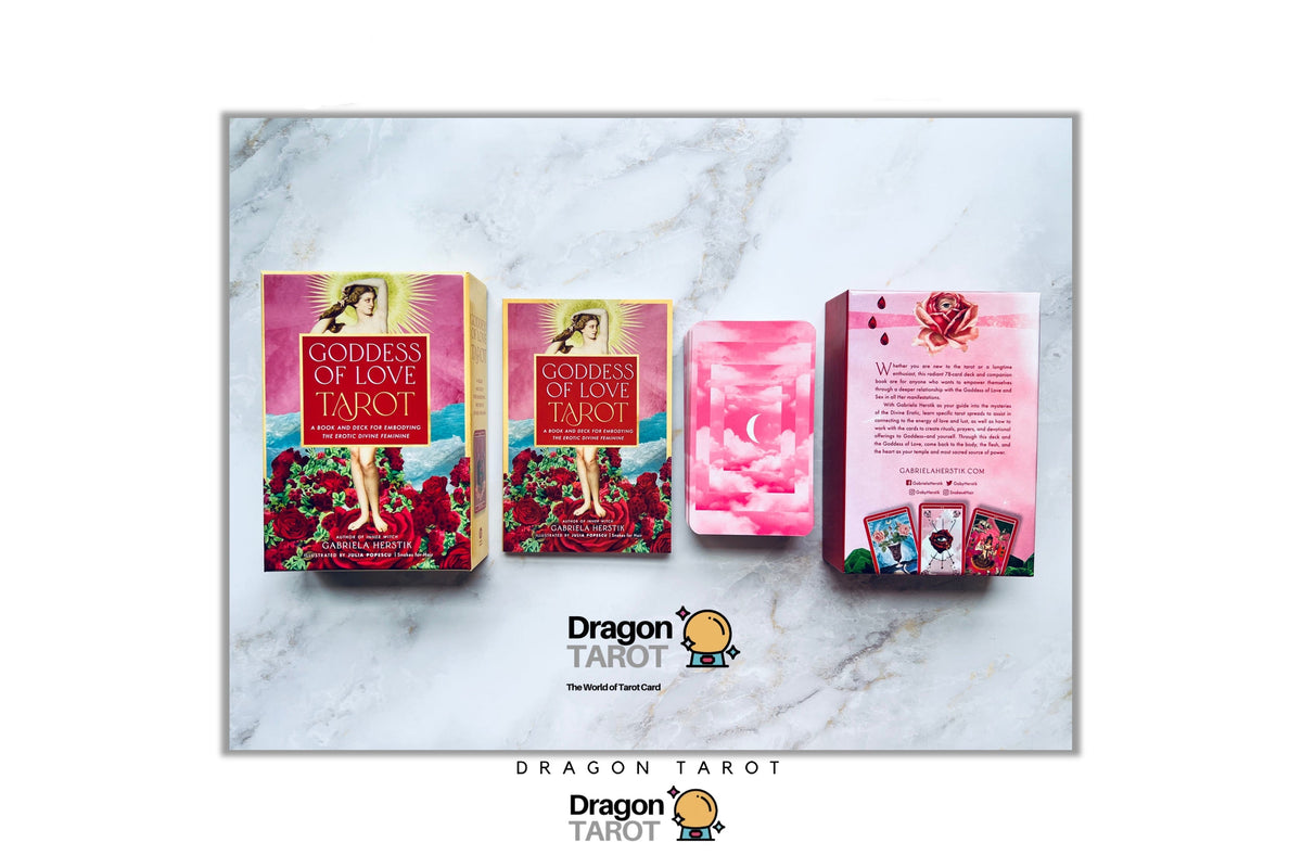 Three Dragon Tarot card decks and a pink card pack displayed on a white marble-patterned background, with Dragon Tarot branding and a Facebook icon visible.