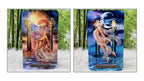 Two tarot cards displayed side by side against a forest and white faux-fur backdrop. The left card shows a crowned woman seated with a scepter and shield, labeled 'Wit, the Knowers.