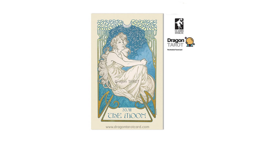 A tarot card titled 'The Moon' (XIII The Moon) featuring an Art Nouveau illustration of a seated woman in a flowing white gown against a starry blue night sky, framed by ornate green foliage. The card is displayed on a white background with social media and publisher logos for Dragon Tarot and Fairtrade.