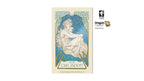A tarot card titled 'The Moon' (XIII The Moon) featuring an Art Nouveau illustration of a seated woman in a flowing white gown against a starry blue night sky, framed by ornate green foliage. The card is displayed on a white background with social media and publisher logos for Dragon Tarot and Fairtrade.