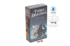 Dragon Tarot: Dragon Draconis card deck box shown on a white background with brand logos and a 100% authentic guarantee badge. The box features fantasy artwork of two dragons, one white and one black, under a starry night sky.