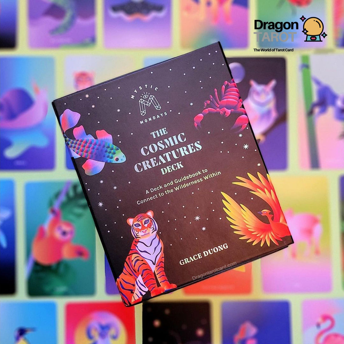 The Cosmic Creatures Book by Grace Diogo, featuring a dark cover with colorful illustrated creatures, shown against a background of matching colorful square cards. A 'Dragon' logo is visible in the top right corner.