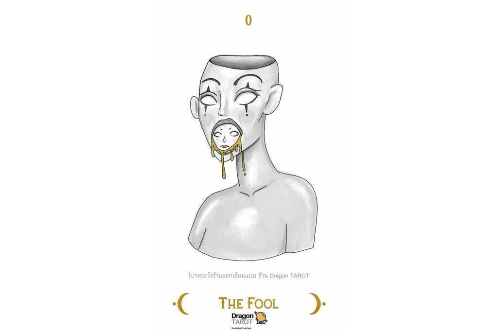 A tarot card illustration for 'The Fool' featuring a stylized white bust of a figure with gold crescent moon details, set against a plain white background with the card's title and a Dragon Tarot logo at the bottom.