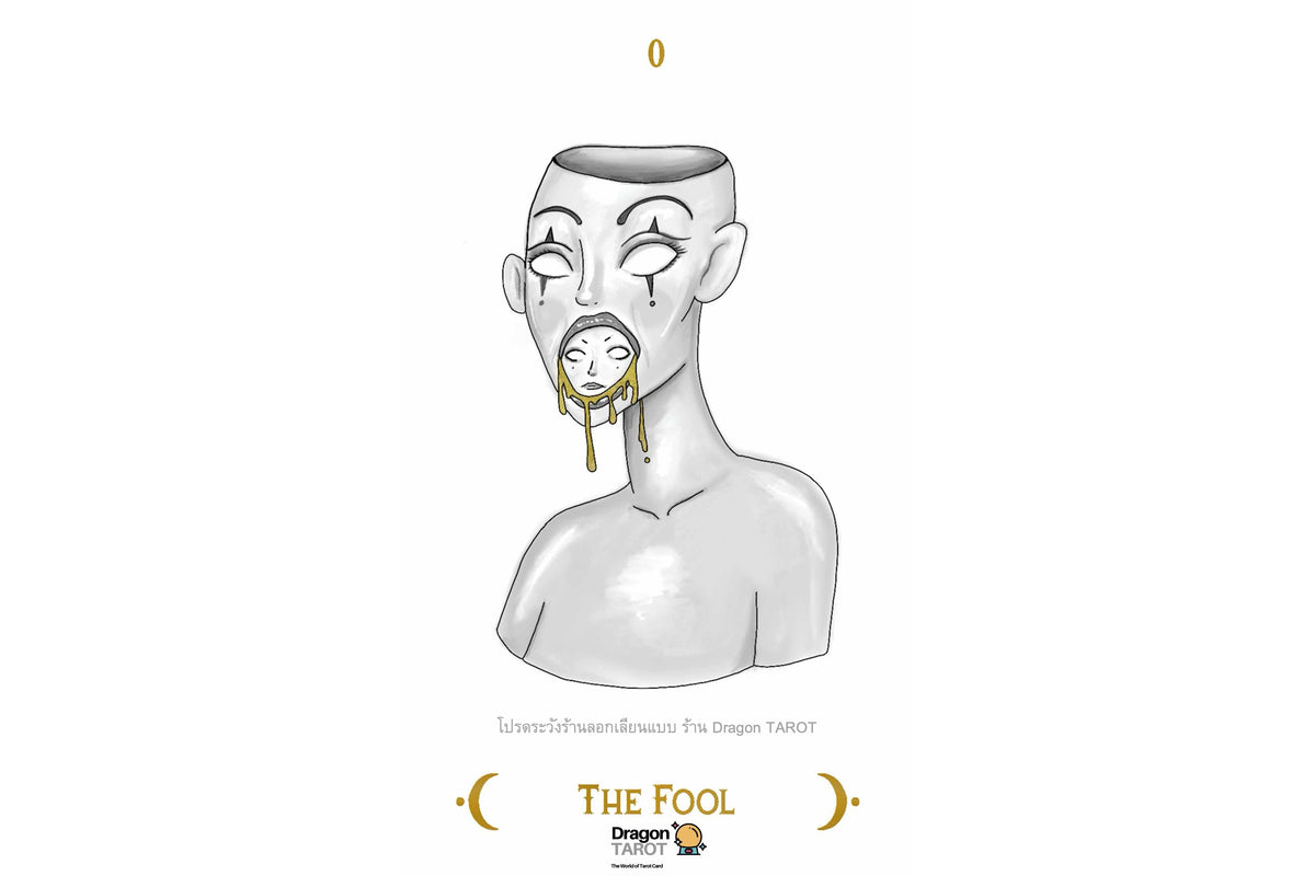 A tarot card illustration for 'The Fool' featuring a stylized white bust of a figure with gold crescent moon details, set against a plain white background with the card's title and a Dragon Tarot logo at the bottom.