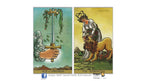 Two tarot cards displayed side by side on a white background: Ace of Swords on the left with a green-blue background and a hand holding a sword, and VIII. Strength on the right with a yellow background and a woman standing before a lion.