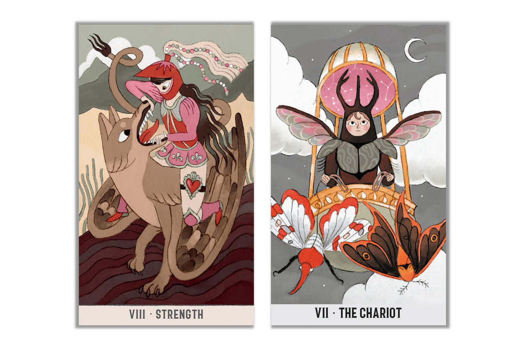 Two illustrated tarot-style cards shown side by side on a white background. The left card is labeled VIII - Strength and depicts a red-haired woman riding a tan creature.