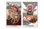 Two illustrated tarot-style cards shown side by side on a white background. The left card is labeled VIII - Strength and depicts a red-haired woman riding a tan creature.