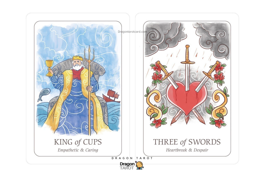 Two illustrated tarot cards shown side by side on a white background: the left card reads 'King of Cups' with a blue and gold figure seated in a ship, and the right card reads 'Three of Swords' with a red heart pierced by swords and roses. A Dragon Tarot logo appears below.