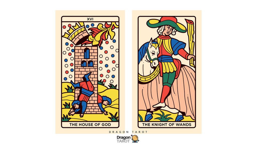 Two illustrated tarot cards shown side by side on a light beige background: 'XVI The House of God' on the left and 'The Knight of Wands' on the right. The cards feature a retro, hand-drawn style with bold outlines and bright colors including red, blue, yellow, green, and pink.