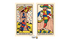Two illustrated tarot cards shown side by side on a light beige background: 'XVI The House of God' on the left and 'The Knight of Wands' on the right. The cards feature a retro, hand-drawn style with bold outlines and bright colors including red, blue, yellow, green, and pink.