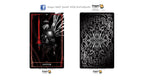 Front and back views of a Dragon Tarot card deck, featuring a black and red 'Justice' card on the front and an intricate black and white ornate pattern on the back, displayed on a white background with Dragon Tarot branding.