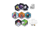A set of Dragon Tarot hexagonal cards displayed on a white background with promotional text and logos. The cards feature colorful mystical and cosmic illustrations, including a dragon, a moon, a planet, and abstract cosmic scenes.