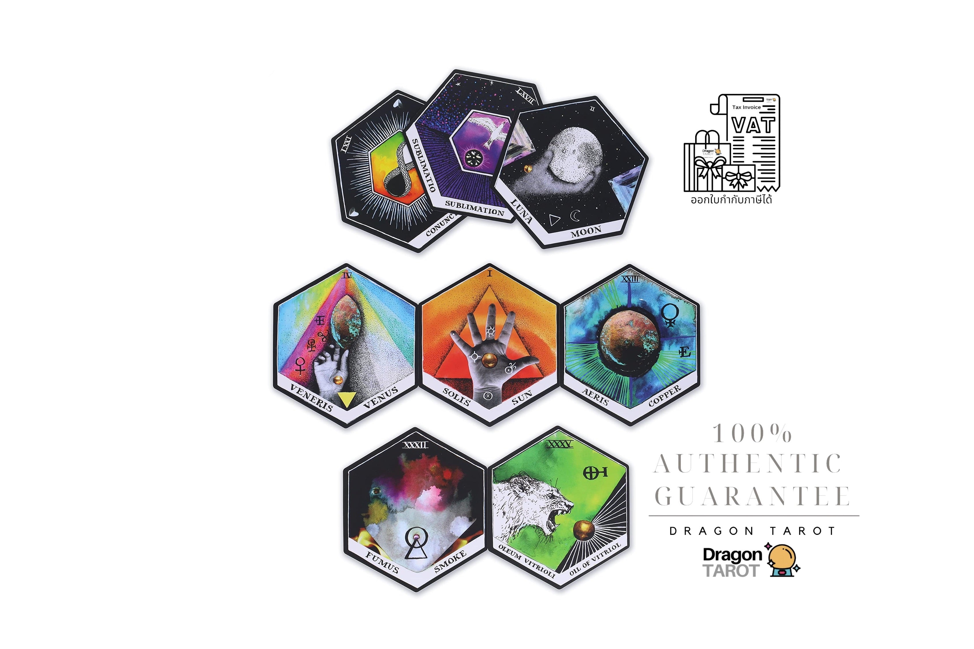 A set of Dragon Tarot hexagonal cards displayed on a white background with promotional text and logos. The cards feature colorful mystical and cosmic illustrations, including a dragon, a moon, a planet, and abstract cosmic scenes.