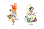A white card featuring two watercolor-style tarot illustrations side by side. The left illustration is labeled 'Letter 7' and shows a bottle with a letter and scroll on a splash of orange, red, and yellow.