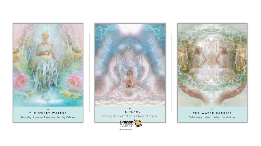 Three Dragon Tarot oracle cards displayed side-by-side on a white background with social media and brand logos. The cards feature pastel, dreamy illustrations of spiritual figures and water elements, titled 'The Sweet Waters', 'The Pearl', and 'The Water Carrier'.