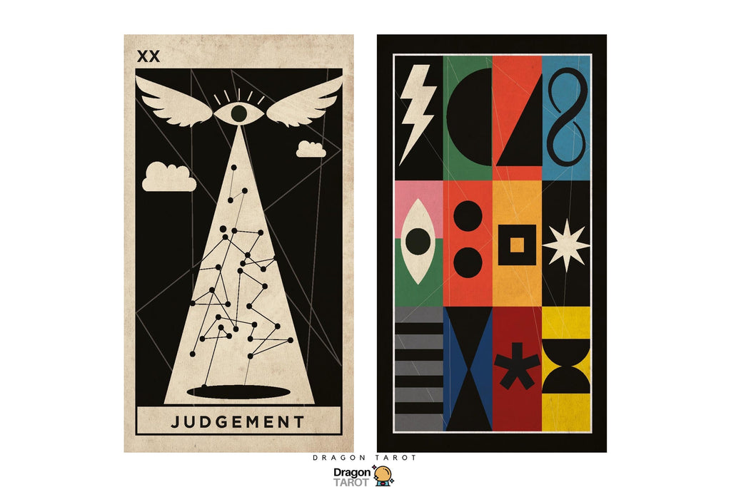 Two stylized tarot card art prints shown side by side on a white background. The left print resembles the 'Judgement' tarot card with a beige background, black border, and a winged eye projecting a light cone with constellation lines.