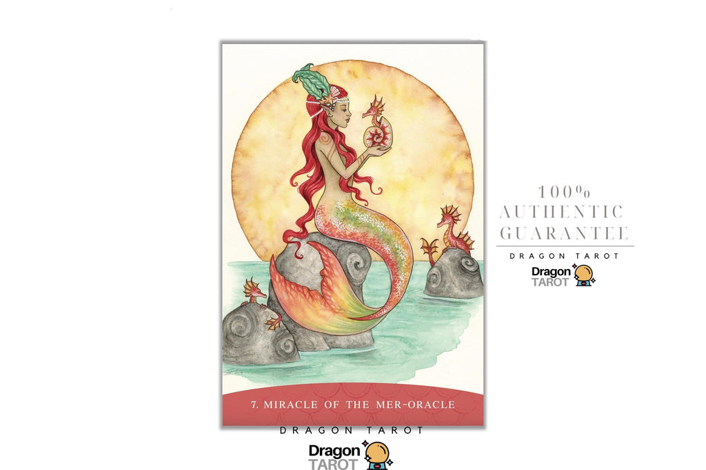 Dragon Tarot 'The Miracle of the Mer-Oracle' card featuring an illustration of a mermaid with red hair and a green tail, standing on a rock in front of a large yellow sun. The card is shown on a white background with promotional text and Dragon Tarot logos.