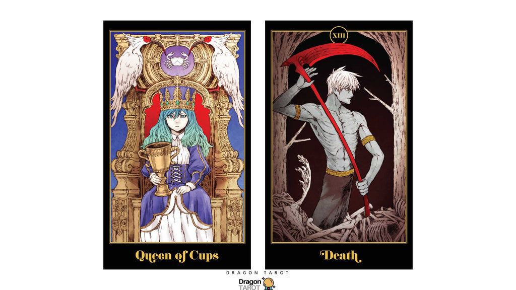 Two tarot card illustrations side by side: 'Queen of Cups' on the left showing a crowned woman in blue and white holding a cup, and 'Death' on the right showing a skeletal figure with white hair holding a red scythe. The cards have black borders and are displayed on a white background with a Dragon Tarot logo at the bottom.