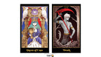 Two tarot card illustrations side by side: 'Queen of Cups' on the left showing a crowned woman in blue and white holding a cup, and 'Death' on the right showing a skeletal figure with white hair holding a red scythe. The cards have black borders and are displayed on a white background with a Dragon Tarot logo at the bottom.