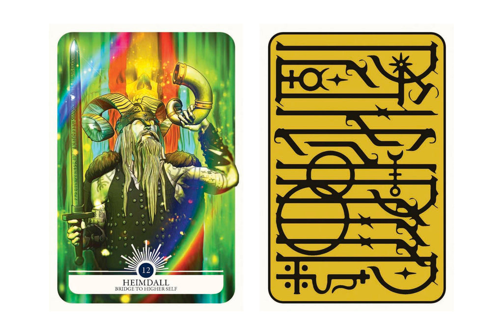 A tarot card set shown front and back on a plain white background. The left card is the front of the Heimdall card, featuring a colorful illustration of a horned figure with a sword and rainbow light effects.