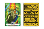 A tarot card set shown front and back on a plain white background. The left card is the front of the Heimdall card, featuring a colorful illustration of a horned figure with a sword and rainbow light effects.