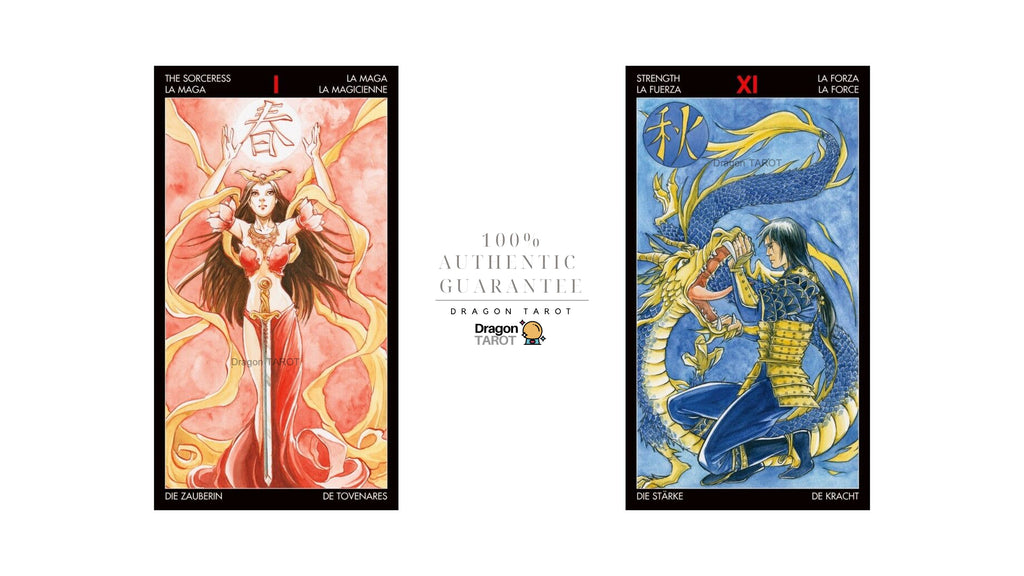Two Dragon Tarot card decks displayed side by side on a white background, with a central text banner reading '100% Authentic Guarantee' and 'Dragon Tarot'. The left card, 'The Sorcress' (La Magica), features a red and gold illustration.