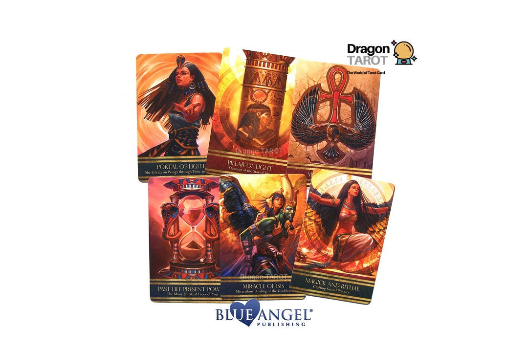 Five Dragon Tarot cards with ancient Egyptian-themed illustrations are displayed on a white background, featuring the Blue Angel Publishing logo at the bottom and the Dragon Tarot brand logo at the top right.