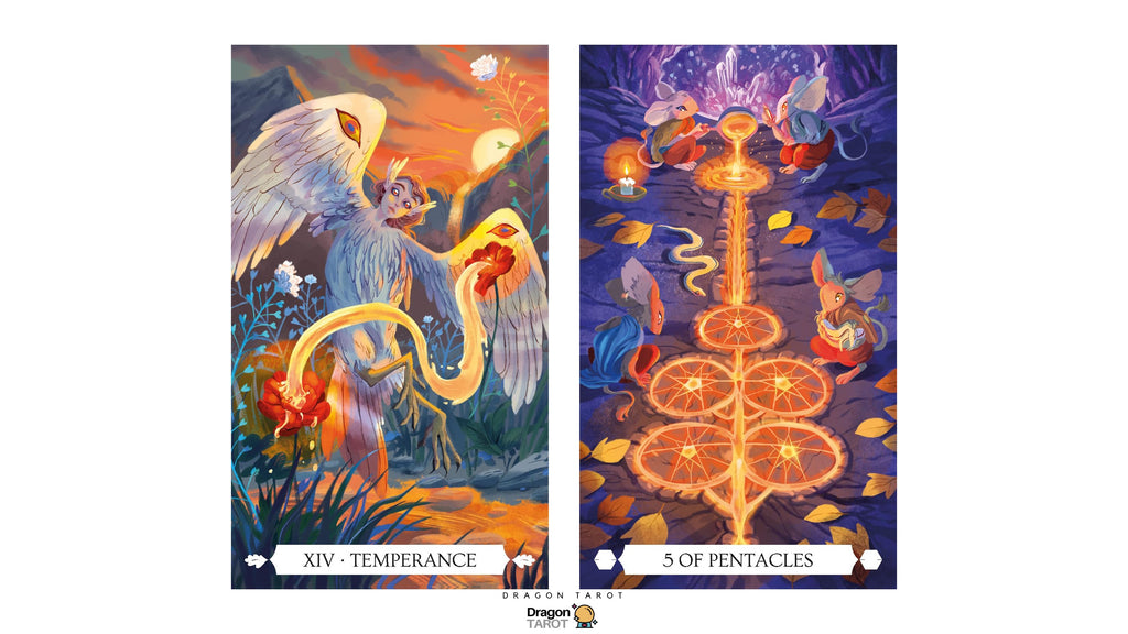 Two illustrated tarot-style cards shown side by side on a white background. The left card is labeled 'XIV - TEMPERANCE' and depicts a bird with wings spread in a warm orange sky.