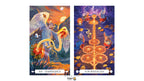 Two illustrated tarot-style cards shown side by side on a white background. The left card is labeled 'XIV - TEMPERANCE' and depicts a bird with wings spread in a warm orange sky.