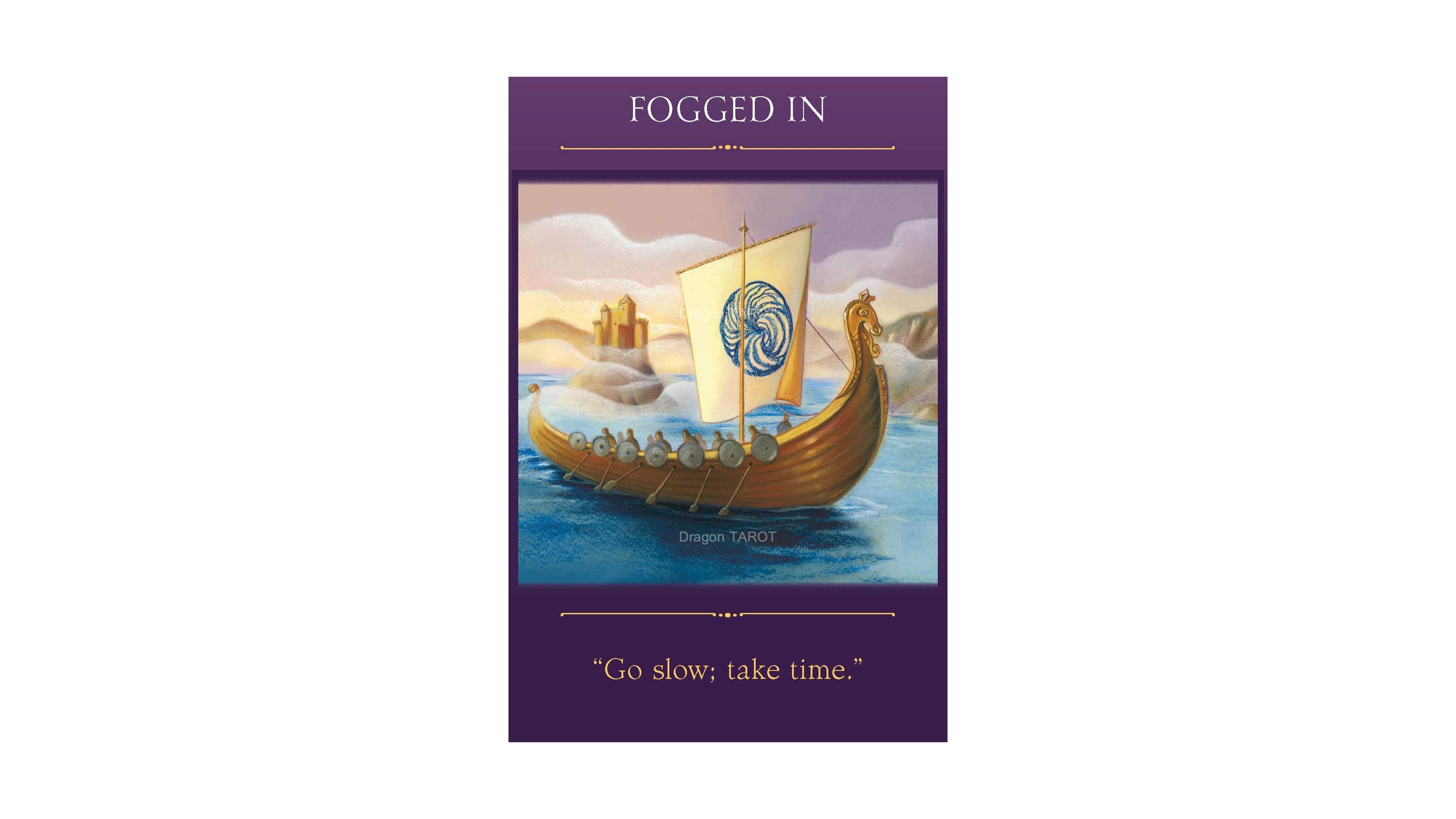 A vertical card or print with a purple border and the title 'FOGGED IN' at the top. The center shows an illustration of a longship on blue water with a pale sky and distant towers.