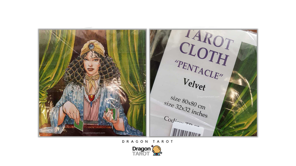 Dragon Tarot Velvet Tarot Cloth 'Pentacle' packaging and product details, featuring an illustration of the Queen of Cups tarot card and product specifications on a white background.