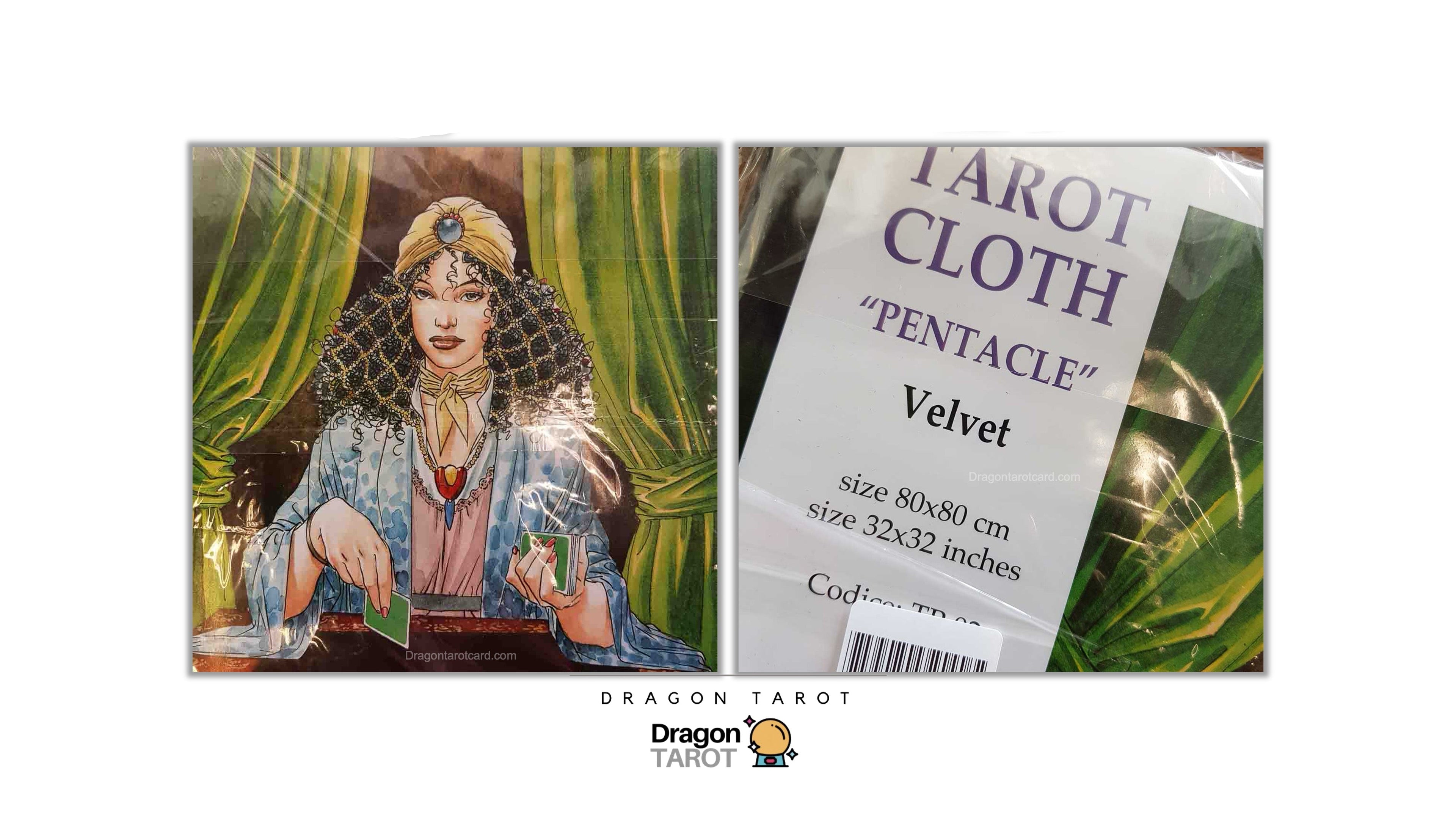 Dragon Tarot Velvet Tarot Cloth 'Pentacle' packaging and product details, featuring an illustration of the Queen of Cups tarot card and product specifications on a white background.